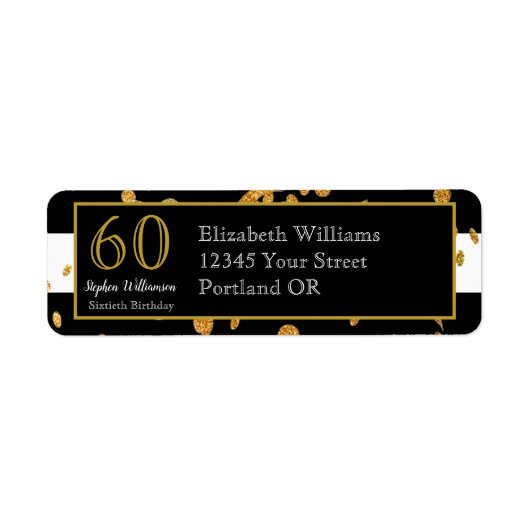 60ste verjaardagsfeestje| Zwart Wit en Goud Glitte Etiket (Voorkant)