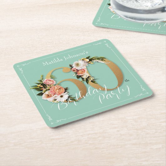 60ste Verjaardagsmunt Goud Bloemen Glamoureus  Kartonnen Onderzetters (Schuin)