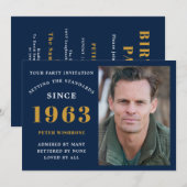 60th Birthday 1963 Naam Foto Blue Gold Kaart (Voorkant / Achterkant)