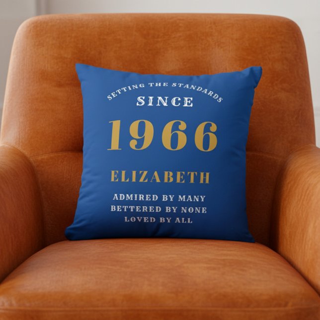 60th Birthday 1966 Add Name Blue Gold Personalized Kussen (Blue 1966 throw pillow on orange chair.)