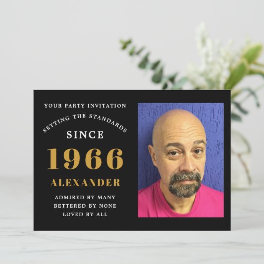 60th Birthday 1966 Black Gold Personalized Photo Kaart (Staand voorkant)