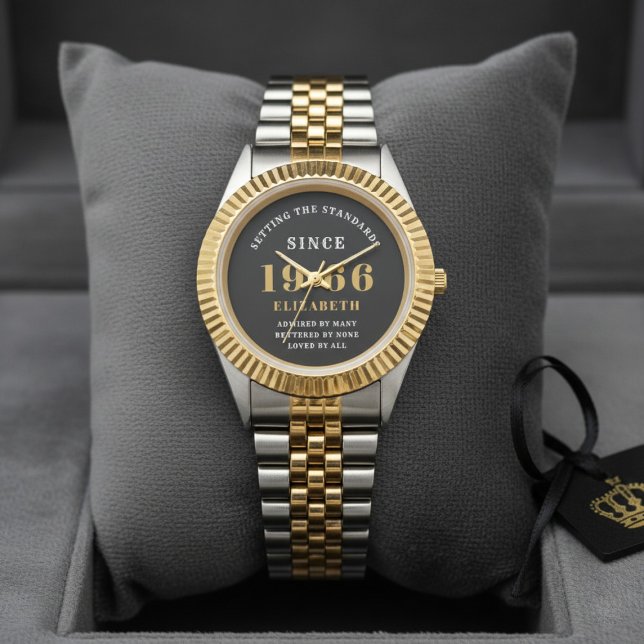 60th Birthday 1966 Elegant Black White Chic Horloge (Born 1966 birthday watch on a dark display cushion.)