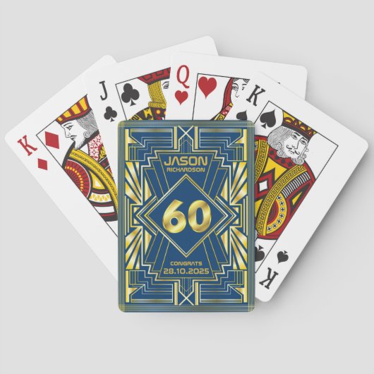 60th Birthday Art Deco Gold Blue Great Gatsby Pokerkaarten (Achterkant)
