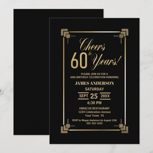 60th Birthday Black and Gold Party Invitation Kaart (Voorkant / Achterkant)