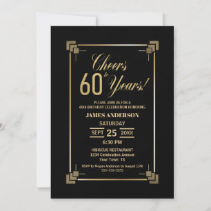 60th Birthday Black and Gold Party Invitation Kaart