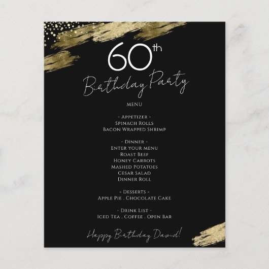 60th Birthday Black and Gold Party Menu Flyer (Voorkant)