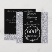 60th Birthday Black & CRYSTALS Silver Invitation Kaart (Voorkant / Achterkant)