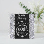60th Birthday Black & CRYSTALS Silver Invitation Kaart (Staand voorkant)