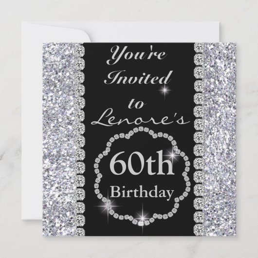 60th Birthday Black & CRYSTALS Silver Invitation Kaart (Voorkant)