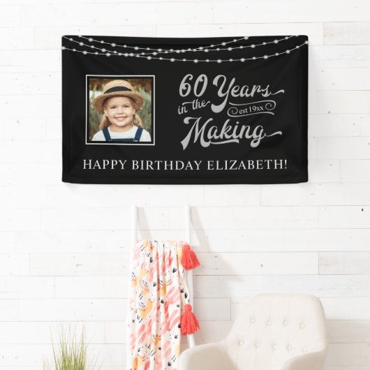 60th Birthday Black en Silver String Lights Foto Spandoek (Insitu)