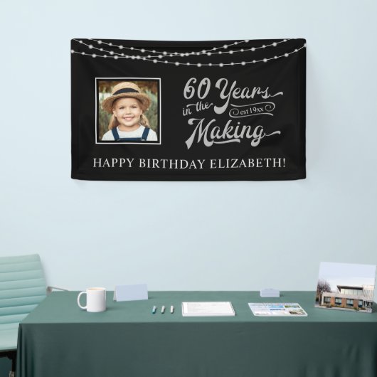 60th Birthday Black en Silver String Lights Foto Spandoek (Beurs)