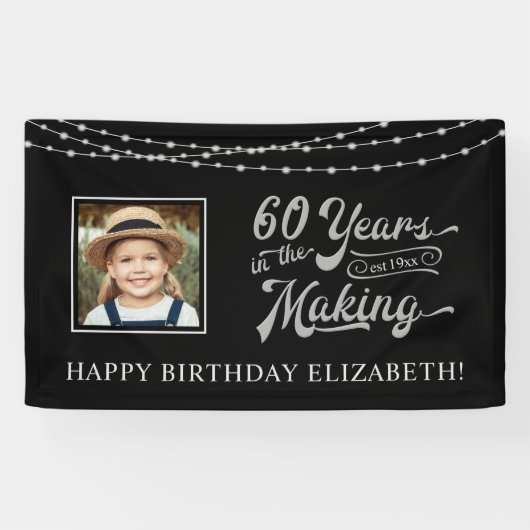 60th Birthday Black en Silver String Lights Foto Spandoek (Horizontaal)
