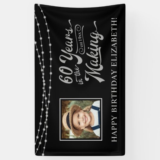 60th Birthday Black en Silver String Lights Foto Spandoek (Verticaal)