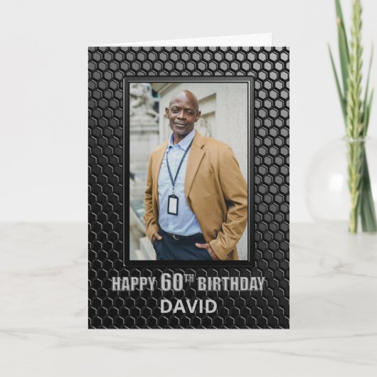 60th Birthday Black Geometric Pattern Custom Photo Kaart (Voorkant)
