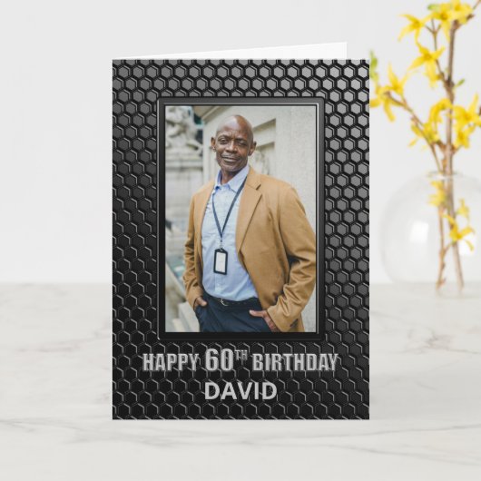 60th Birthday Black Geometric Pattern Custom Photo Kaart (Gele Bloem)