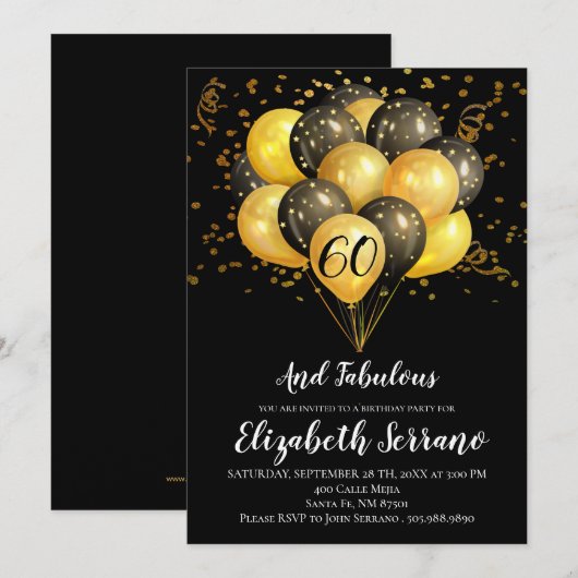 60th Birthday Black Gold Glitter Invitation Kaart (Voorkant / Achterkant)