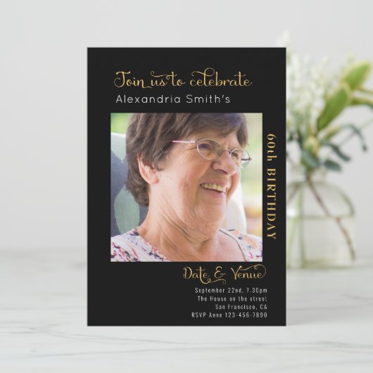 60th Birthday Black Invitation Kaart (Staand voorkant)