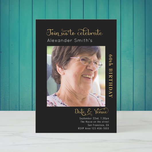 60th Birthday Black Invitation Kaart