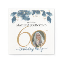 60th Birthday Blauw Goud Waterverf Bloemen Foto