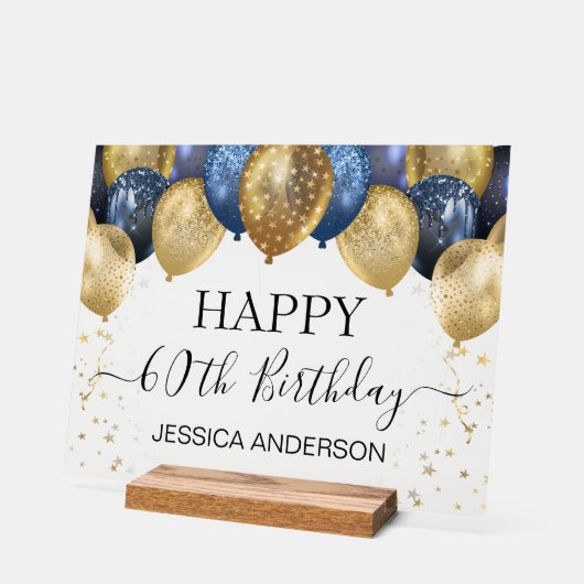 60th Birthday Blauw Gouden Ballonnen Wissen Acryl Bord (Hoek)