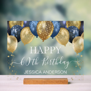60th Birthday Blauw Gouden Ballonnen Wissen Acryl Bord