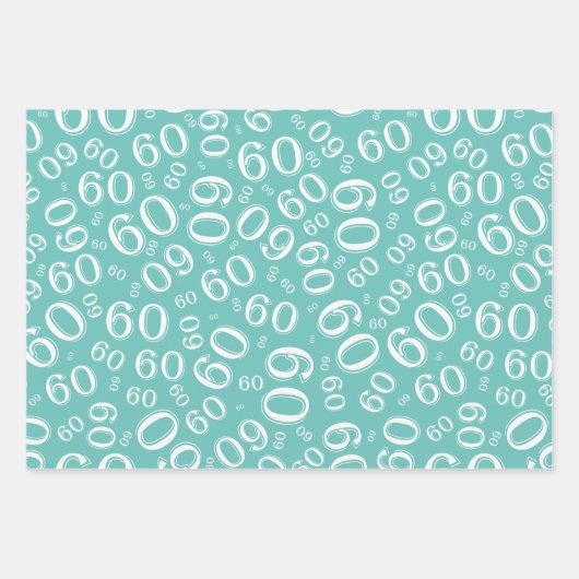 60th Birthday Blauwgroen & White Number Pattern 60 Inpakpapier Vel (Voorkant 2)