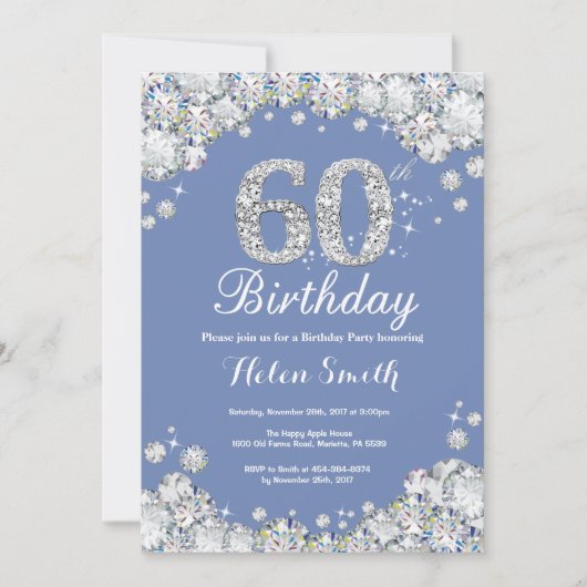 60th Birthday Blue en Silver Diamond Kaart (Voorkant)