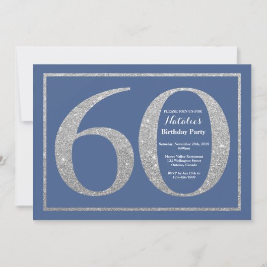 60th Birthday Blue en Silver Glitter Kaart (Voorkant)