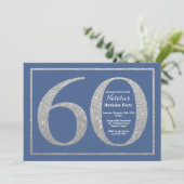 60th Birthday Blue en Silver Glitter Kaart (Staand voorkant)