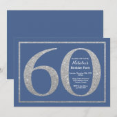 60th Birthday Blue en Silver Glitter Kaart (Voorkant / Achterkant)