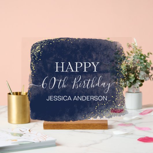 60th Birthday Blue Gold Waterverf Wissen Acryl Bord (Huwelijk)