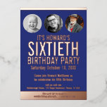 60th Birthday blue metal foil foto cirkels Folie Uitnodiging<br><div class="desc">Vet eenvoudig donkerblauw, en gouden folie van het roos of uw eigen foto van de foliekleur malplaatje 60e verjaardag uitnodiging. Pas deze mijlpaalverjaardagsuitnodiging aan met de details van je eigen verjaardagsfeestje en drie verschillende foto's van je verjaardagsjongen in de fotocirkels voor je nu en dan foto's. Andere jaren kleuren en...</div>