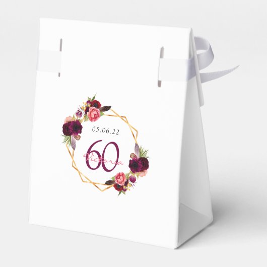 60th Birthday burgundy Gold geometrische bloemwit Bedankdoosjes (Achterkant)