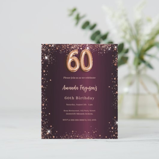 60th birthday burgundy rose gold invitation (Staand voorkant)