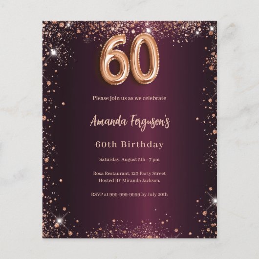 60th birthday burgundy rose gold invitation (Voorkant)