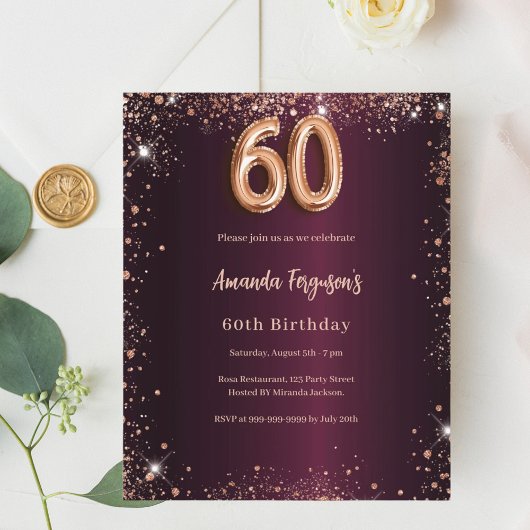 60th birthday burgundy rose gold invitation