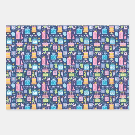 60th Birthday Cake Cadeaus Ballonnen Blauw Inpakpapier Vel (Voorkant)