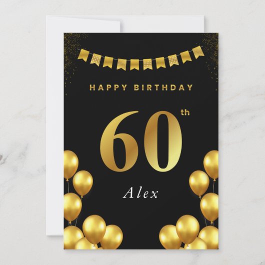 60th Birthday Card Black and Gold Balloons Kaart (Voorkant)