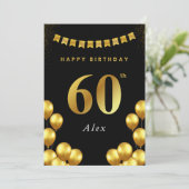 60th Birthday Card Black and Gold Balloons Kaart (Staand voorkant)