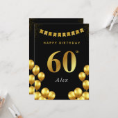 60th Birthday Card Black and Gold Balloons Kaart (Voorkant / Achterkant in situ)
