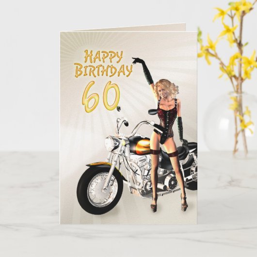 60th Birthday card with a motorbike girl Kaart (Gele Bloem)