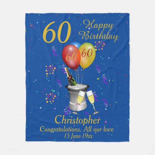 60th Birthday Celebration Blue Fleece Blanket (Voorkant)