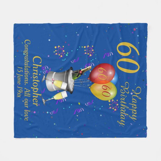 60th Birthday Celebration Blue Fleece Blanket (Voorkant (Horizontaal))