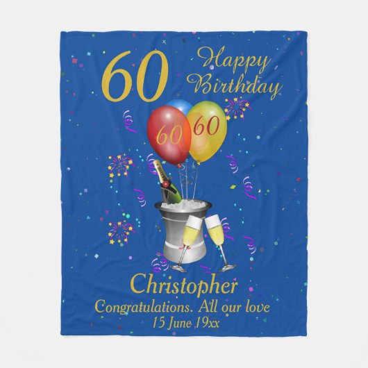 60th Birthday Celebration Blue Fleece Blanket Deken (Voorkant)