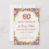 60th Birthday Celebration – Linen Floral Design Save The Date (Voorkant)