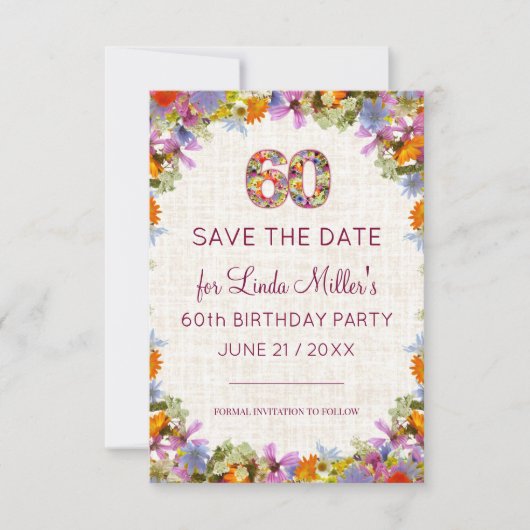 60th Birthday Celebration – Linen Floral Design Save The Date (Voorkant)