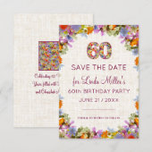 60th Birthday Celebration – Linen Floral Design Save The Date (Voorkant / Achterkant)