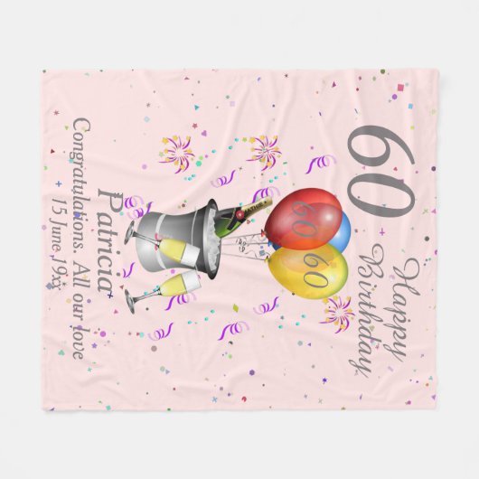 60th Birthday Celebration Pink Fleece Blanket (Voorkant (Horizontaal))