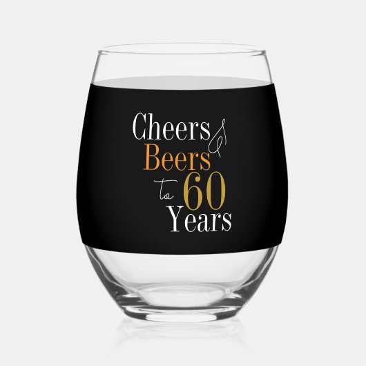 60th Birthday Cheers Beers Black Gold Wijnglas Zonder Voet (Voorkant)