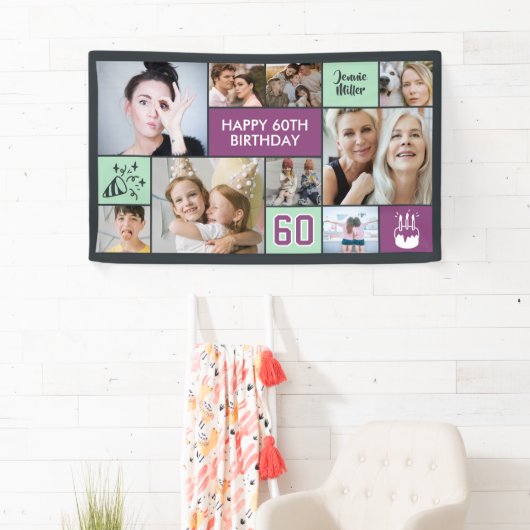 60th Birthday Custom Photo Collage Purple Green Spandoek (Insitu)